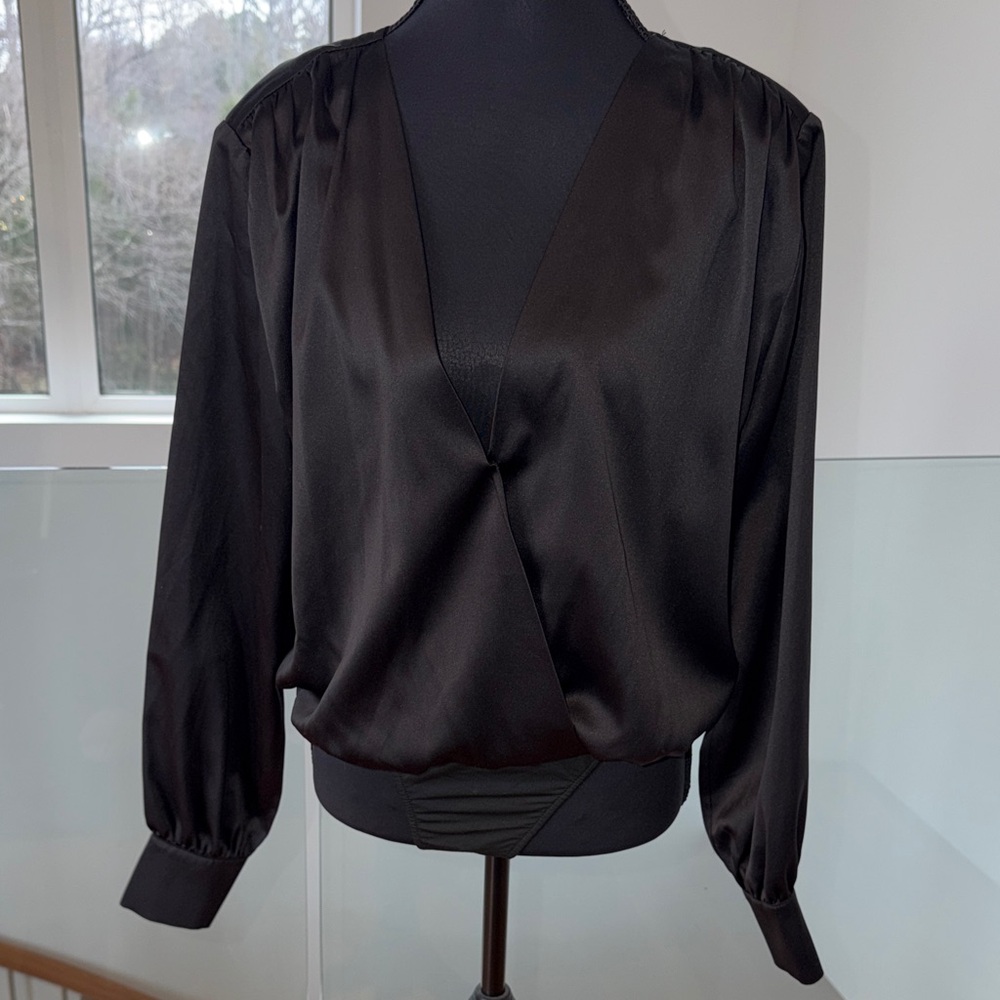 Steve Madden Black Satin Wrap Bodysuit